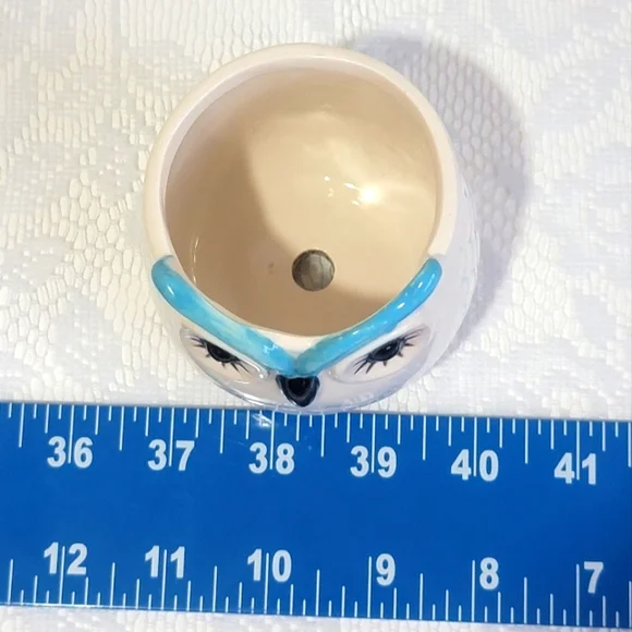 Mini Ceramic Pot Premium Glazed Cute Blue Owl Face Succulent Plant Holder - Picture 15 of 16